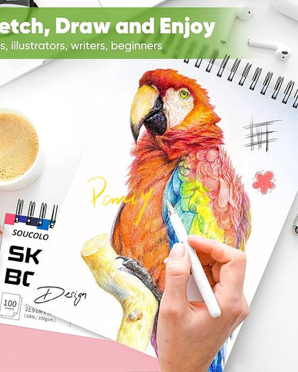 Art Supply Set - Sketching & Drawing Kit, Sketchbook Art Paper for Adult Artists, Soucolor 9" x 12" Sketch Book, 2-Pack 100 Sheets Spiral Bound Sketchbook, Acid Free