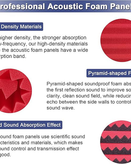 52 Pack Acoustic Foam Panels,1" x 12" x 12" Acoustic Wedge Studio Foam Sound Absorption Wall Panels (BLACK/RED)