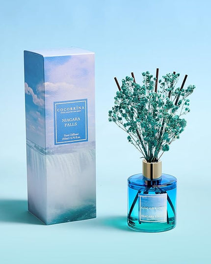COCORRÍNA Reed Diffuser - Niagara Falls 6.7 Fl.oz Reed Diffuser Set with 8 Sticks & Preserved Baby's Breath, Reed Diffuser for Home Bathroom Shelf Decor