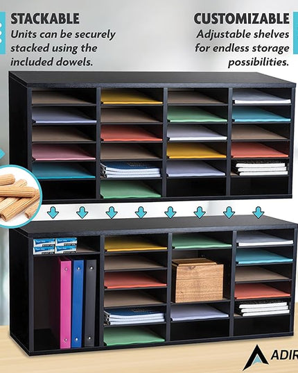 AdirOffice Wooden Adjustable Literature Organizer, 24 Compartment Office Mailbox, or Classroom Literature Organizer, Black