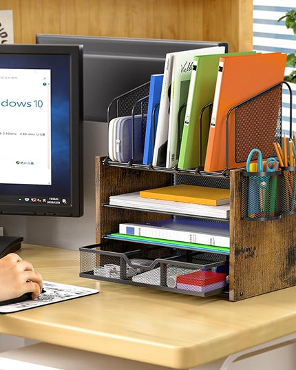 4-Tier Mesh Desk Organizer, Wooden Desk File Organizer with 5 Vertical File Holders and 2 Pen Holders, Desktop Organizers and Accessories with Drawer for Home Office