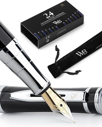 Wordsworth & Black Fountain Pen Set, Extra Fine Nib, Includes 24 Pack Ink Cartridges, Ink Refill Converter & Gift Pouch, Chrome Finish, Calligraphy, [Black Chrome], Perfect for Men & Women