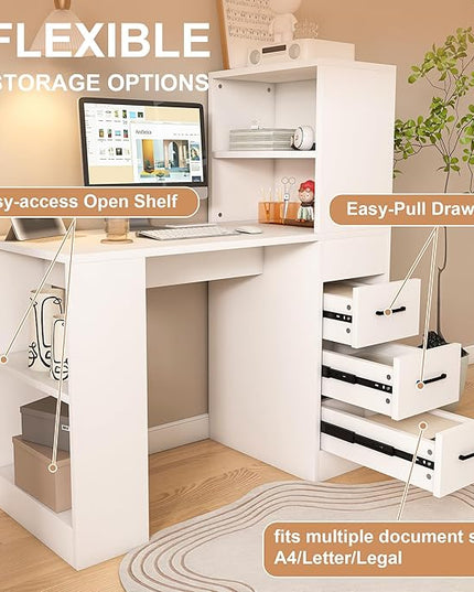 KEIKI L Shaped Desk with Drawers and Hutch, Corner Office Desk with Storage, Computer Desk with 4-in-1 Socket, 3 Drawers & 4 Shelves, White