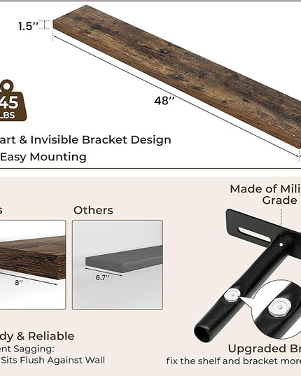 RICHFOCUS 48Inch Floating Shelves for Wall 1 Pack Shelves for Bedroom|Kitchen|Bathroom Wall Mounted Rustic Wood Floating Shelf with Invisible Brackets for Books|Storage|Decor, Rustic Brown