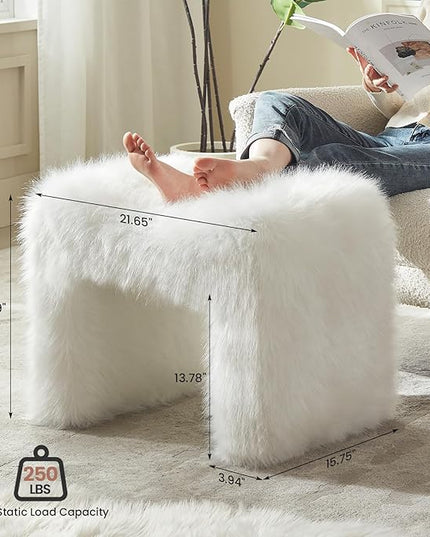 Vanity Stool Chair Small Footstool Ottoman Faux Fur Seating Backless Modern Foot Rest Ottoman Furry for Makeup Room Living Room Bedroom Entryway,White (Single 1)