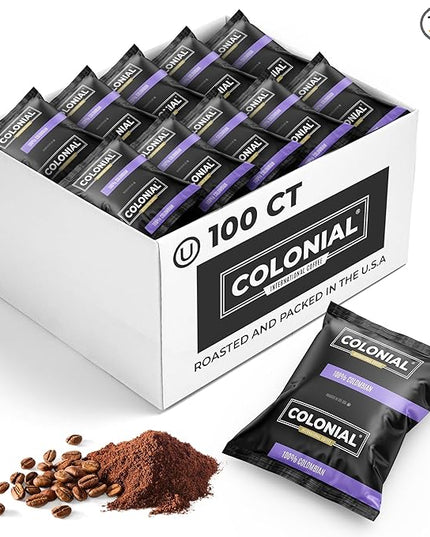Colonial Coffee 100 Count Single Pot Coffee Packets – 100% Arabica Colombian Medium Roast | Pre-Measured Frac Packs for 12 Cup Maker | Bulk Ground Gourmet Coffee for Home & Office