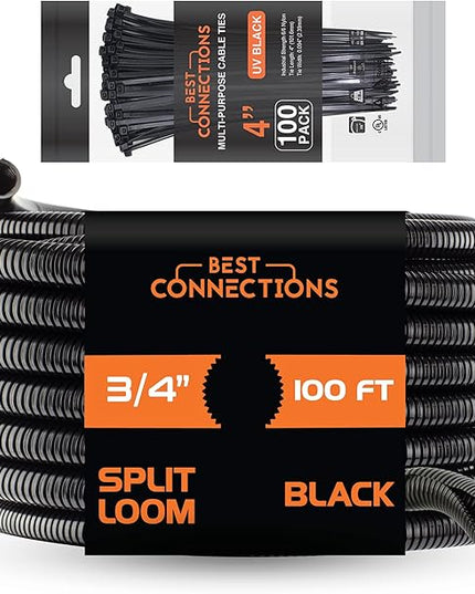 BEST CONNECTIONS 100 Ft – 3/4" Diameter Split Wire Loom Flex-Guard Convoluted Tubing with 100 Pcs x 4" Nylon Cable Zip Ties – Protective Split Cable Sleeves/Conduit – Black (3/4" Loom + 4" Zip Ties)