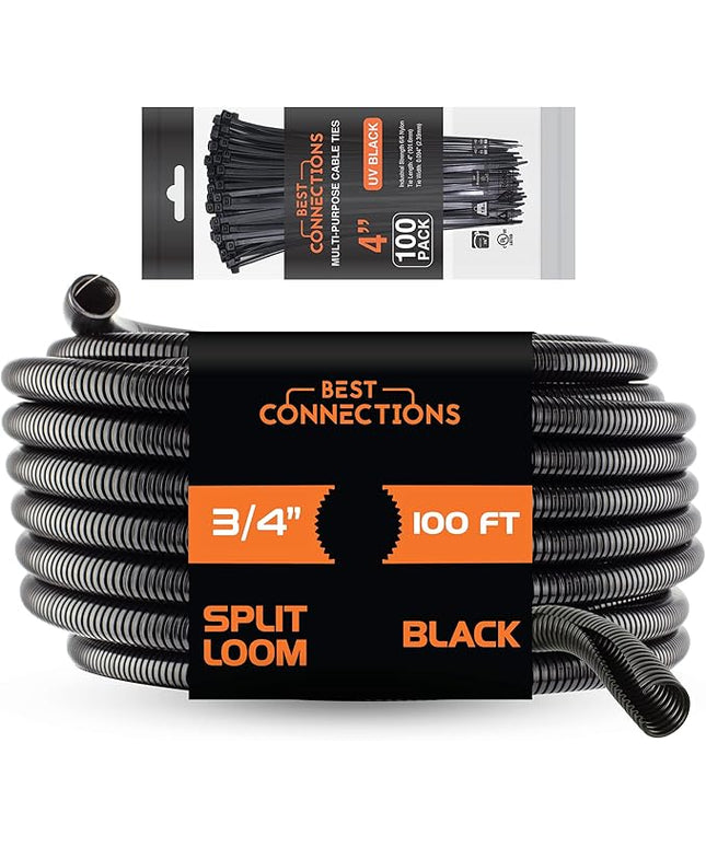 BEST CONNECTIONS 100 Ft – 3/4" Diameter Split Wire Loom Flex-Guard Convoluted Tubing with 100 Pcs x 4" Nylon Cable Zip Ties – Protective Split Cable Sleeves/Conduit – Black (3/4" Loom + 4" Zip Ties)