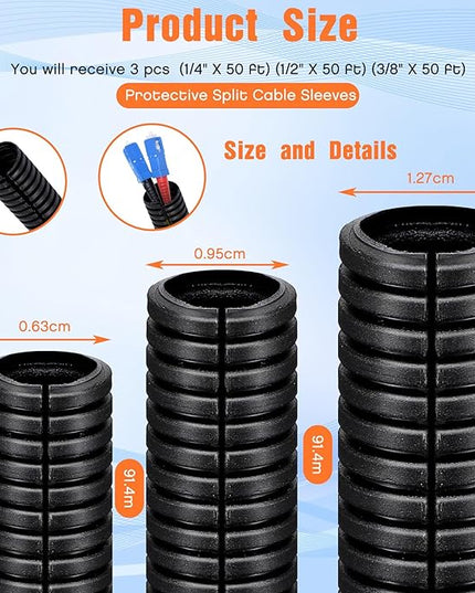 Sasylvia 1/4", 1/2", 3/8" x 300 Ft Split Wire Loom Tubing Automotive Wire Loom Assortment Split Cable Sleeves Bulk Flexible Electrical Conduit Protective kit