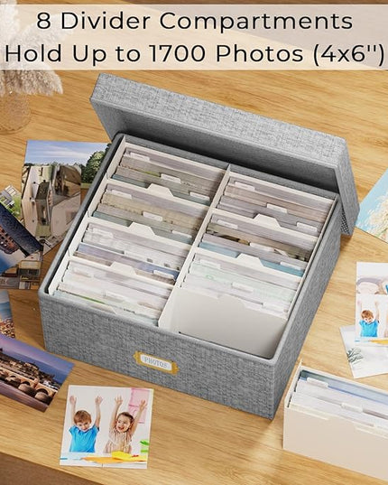 Decorative Photo Storage Box - Linen Photo Box Organizer with Dividers, Fits Holds Up to 1700 Pictures and 4x6 Photos, Memory Keepsake Organizer for Photos, Scrapbook Supplies, Cards, Stamps (Grey)