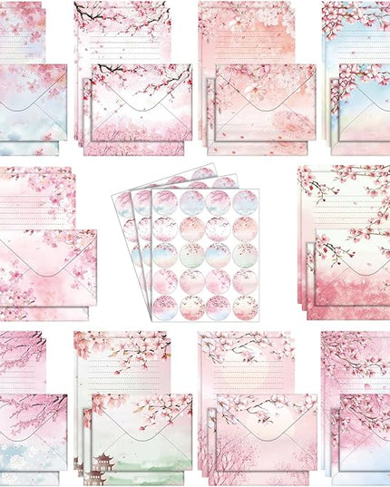 TaoBary 160 Pcs Stationery Paper Set 50 Double Sided Stationery Papers with 50 Matching Envelopes and 60 Round Dot Sticker, 10 Design(Cherry Blossom,5.5 x 8.25 Inch)