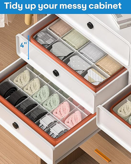 Fashion Leather Sock Underwear Drawer Organizer clothes, Closet Dividers，64 Cell (16+24+24) Foldable Leather Storage Box for Panties, Ties, Accessories（3 Pack）