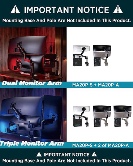 Heavy Duty Extension Arm [Accessory Only - Requires MA20P-S Single Monitor Arm for Use] Dual 49" Vertical Stacked Monitor Mount Height Adjustable - 100x100 VESA Mount, Black, MA20P-A