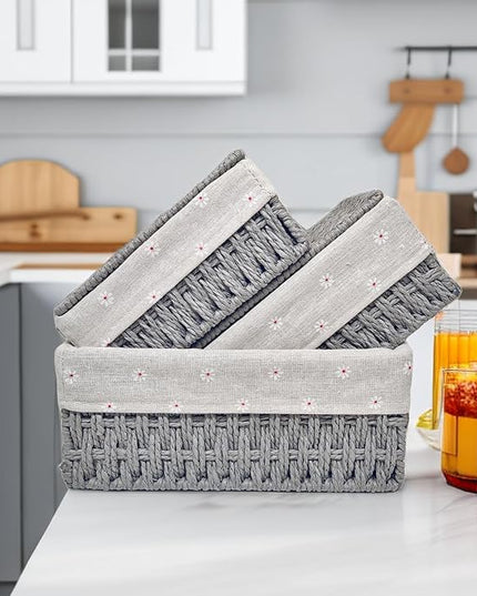 GIB Small Wicker Storage Baskets with Lids and Liner, Rectangular Paper Rope Woven Baskets for Organizing, Decorative Boxes Boho Decor for Shelves Table Desktop Makeup Organizer, Set of 3, Grey