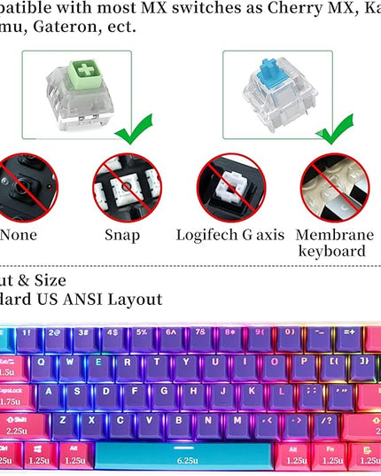 GTSP PBT Backlit Keycaps 60 Percent with 6.25U Space Bar OEM Profile for Cherry MX Switch Mechanical Gaming Keyboard (Purple+Pink+Blue)