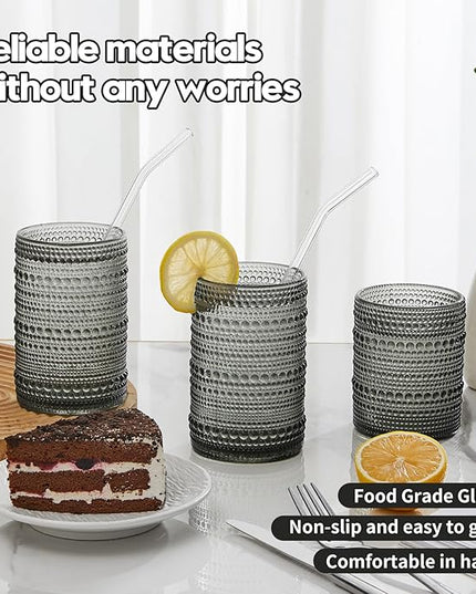 Vintage Hobnail Drinking Glasses Set of 12, 15oz Textured Tumblers - Embossed Grey Bar Glasses for Cocktails, Beer, Whiskey, Dishwasher-Safe Highball Cups for Kitchen, Juice & Mixed Drinks
