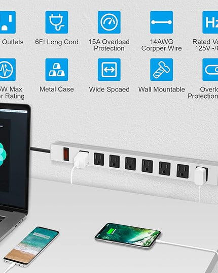 JUNNUJ Metal 8 Outlet Power Strip, Mountable Heavy Duty Power Strip, 1200J Surge Protector Wall Mount Screws Outlet with Switch, Gaming Desk Strips Wide Spaced 15A 125V 1875W, 6 FT 14AWG Power Cord