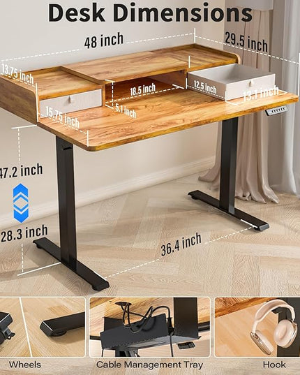 Kingant 48 x 30 Inch Standing Desk with Drawers, Adjustable Height Electric Sit Stand Desk with Storage Shelf, Rising Stand Up Computer Desk for Home Office Workstation, 3 Preset Heights(Light Rustic)