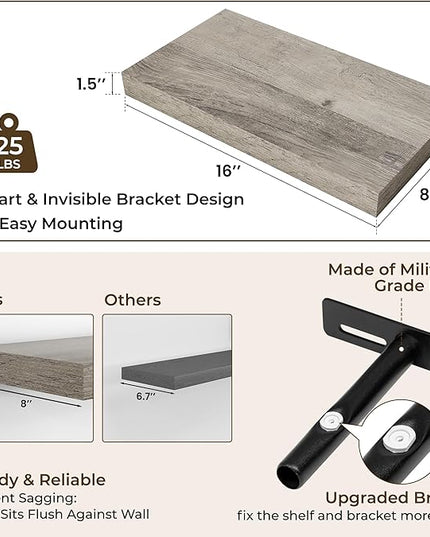 RICHFOCUS 16Inch Floating Shelves for Wall 2 Pack Shelves for Bedroom|Kitchen|Bathroom Wall Mounted Rustic Wood Floating Shelf with Invisible Brackets for Books|Storage|Decor, Grey