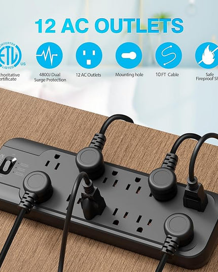 VINTAR Power Strip Surge Protector with 12 AC Outlets, 1875W Output, 10FT Long Extension Cord Flat Plug with Dual Surge Protection (2 × 4800 Joules) for Office, Home, ETL Listed, Black