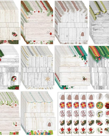 EggSun 250Pcs Christmas Stationery Paper and Envelope Set with 100 Letterhead Papers and 50 Envelopes, 10 Design for Letter Writing Invitations Computer Holidays Party Notes, 8.5x11 Inch-Wood Grain