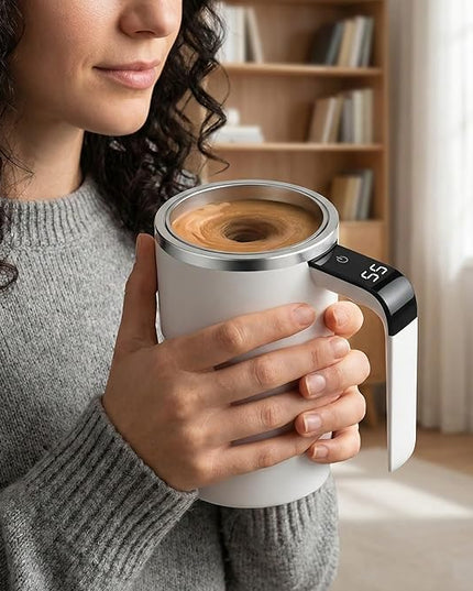 Automatic Magnetic Stirring Coffee Mug with Temperature Display, Rechargeable Self Stirring Mug, Portable Coffee Mug for Home Office Travel (White)