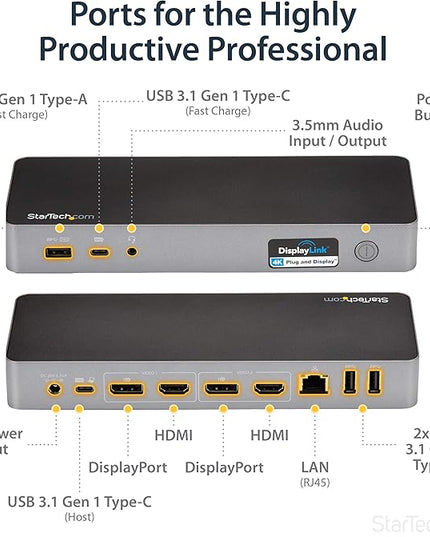 StarTech.com USB-C / USB-A Hybrid Docking Station for MacBook Pro / Air M1 M2 M3 M4 & Windows, Universal Dual 4K 60Hz HDMI DP Dock, Thunderbolt Compatible, 60W Laptop Charging