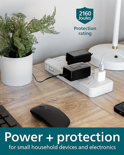 Philips EZFit 8-Outlet Surge Protector Power Strip, 8 Ft Braided Extension Cord, Widely Spaced Outlets, Flat Plug, for Home Office Dorm Essentials, 2160 Joules, White, SPP3673W/37