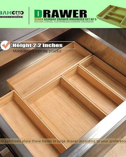 Stack Bamboo Drawer Organizer Set of 5, Kitchen Utensil, Flatware&Silverware Organizer-Wood Laminated Stackable for Kitchen, Bedroom, 13.4''x4.5''*2+10.2''x3.3''*2+10.2''x6.7''*1