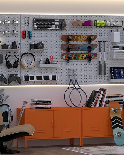 Pegboard,Metal PegBoard Panels,Steel Wall Pegboard with 8 Pieces Hooks,Metal Peg Board Wall Organizer for Office,Crafts Organization, Ornaments Display,Grey