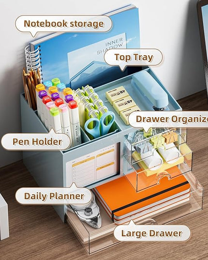 Marbrasse Desk Organizer with 3 Drawer, Multi-Functional Pencil Pen Holder for Desk, Desktop Organizer Storage for Office Home Art Supplies (Blue)