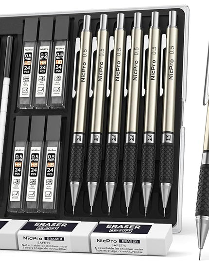 Nicpro 0.5 mm Art Mechanical Pencils Set in Case, 6 PCS Metal Drafting Pencil Lead Pencil 0.5mm with 6 Tube HB Lead Refills, 3 Erasers, 18 PCS Eraser Refills for Artist Writing, Drawing, Sketching