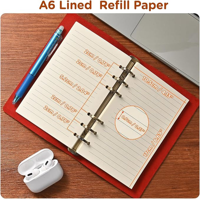 A6 6-Hole Lined Loose-Leaf Filler Paper – 80 Sheets, 100GSM, Beige Notebook Refill – Fits A6 6-Ring Binders for Office, Journaling, Planning, Notes. Double-sided writing supported