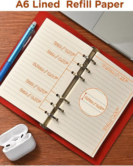 A6 6-Hole Lined Loose-Leaf Filler Paper – 2 Packs (80 Sheets per Pack), 100GSM,Beige Notebook Refill – Fits A6 6-Ring Binders for Office,Journaling,Planning,Notes. Double-sided writing supported