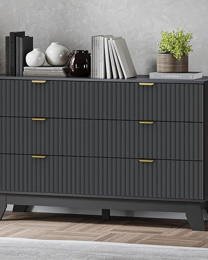BORNOON Fluted 6 Drawer Dresser, 47.2" Wide Modern Boho Chest of Drawers, Wooden Storage Dresser TV Stand for Bedroom, Living Room, Closet, Hallway, Curved Profile Design