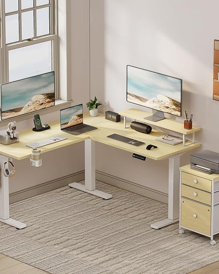 Flycity Electric L Shaped Standing Desk with File Cabinet, 59" x 59" Corner Computer Desk with Drawers, Dual Motor Stand Up Desk with Storage, Home Office Standing Desk Adjustable Height, Maple