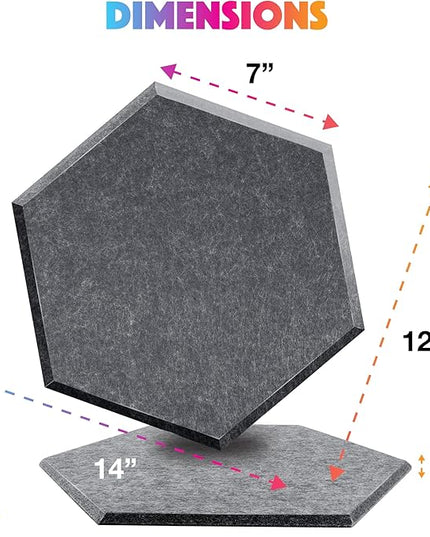 Sonic Acoustics Self-Adhesive 12 Pack Hexagon Acoustic Panels, 14" X 12" X 0.4" High Density Sound Absorbing Panels Sound Proof Insulation Beveled Edge Studio Treatment Tiles-Dark Grey