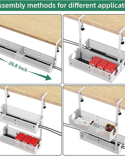Multi-Model Under Desk Cable Management Tray 2 Packs Metal Under Desk Wire Management Clamp Mount Under Table Cord Management No Damage The Desk (White)