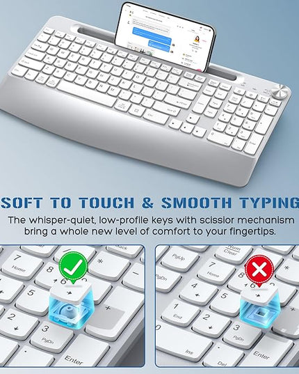 JOYACCESS Ergonomic Wireless Keyboard and Mouse, Full Size Wireless Keyboard Designed with Phone Holder and Wrist Rest,Volume Roller for Computer Mac PC Laptop-Silver