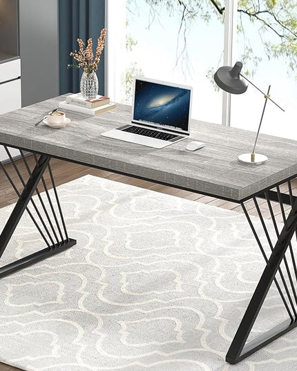FOLUBAN Modern Desk, Rustic Wood and Metal Computer Desk for Home Office, Simple Study Writing Gaming Table for Bedroom Living Room, Light Grey, 53 Inch