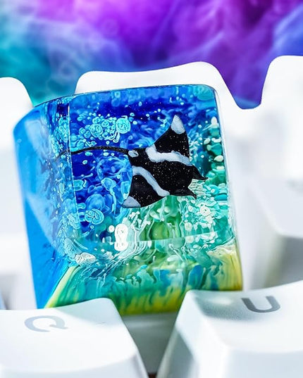 Manta Ray Artisan Keycap Light Yellow Blue Coral R1 SA Profile Custom Sea Creatures Keycaps 1U ESC Handmade Gaming Resin Key Cap Cherry MX Switch Compatible Mechanical Keyboard Manta Ray Lover Gift