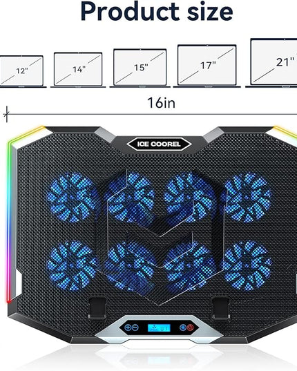 ICE COOREL Gaming Laptop Cooling Pad with 8 Cooling Fans, Laptop Fan Cooler Pad for 15-17.3 Inch, Notebook Cooler Stand with 6 Height Adjustable, RGB Cooling Pad with Two USB Port + Phone Stand