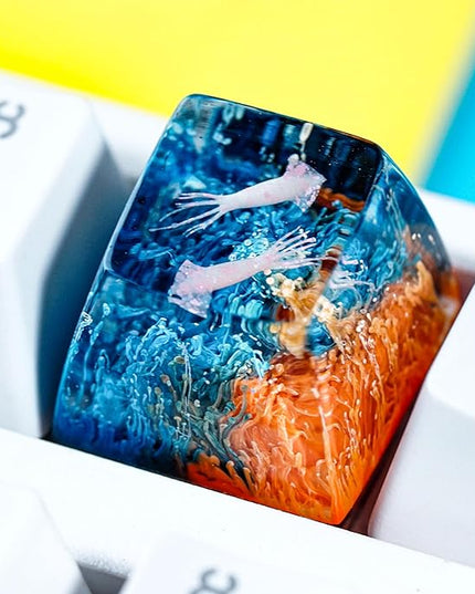 Couple Squids in Teal Orange Coral Artisan Keycap R1 SA Profile Custom Sea Creatures Keycaps 1U ESC Handmade Gaming Resin Key cap Cherry MX Switch Compatible Mechanical Keyboard Sea Ocean Lover Gift