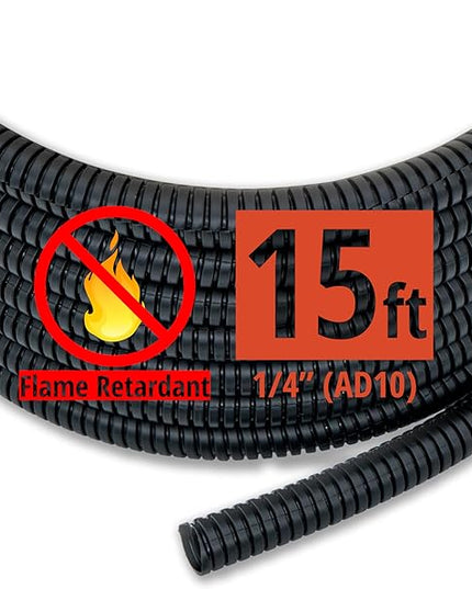 15ft - 1/4 inch (AD10) Flame Retardant Split Wire Loom Tubing - Sleeves for Electric Cables, Flexible Wire Covers Cord Protectors - Black
