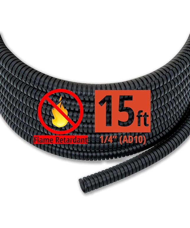 15ft - 1/4 inch (AD10) Flame Retardant Split Wire Loom Tubing - Sleeves for Electric Cables, Flexible Wire Covers Cord Protectors - Black