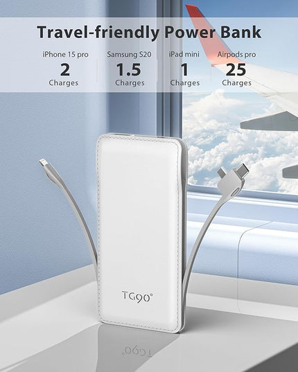 TG90° 10000mAh Power Bank Built-in Cables(No Plug), Pocket Size USB C Portable Charger, 3A Fast Charging External Battery Pack, Travel Essential Phone Powerbank Compatible with iPhone Samsung iPad