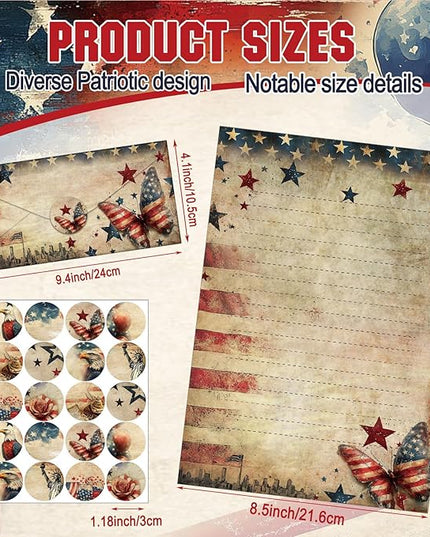 TaoBary 160 Pcs Stationery Paper Set 50 Double Sided Stationery Papers with 50 Matching Envelopes and 60 Round Dot Sticker, 10 Design(Patriotic,8.5 x 11 Inch)