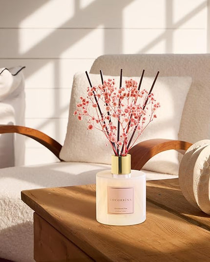 Cocorrína Premium Reed Diffuser Set with Preserved Baby's Breath & Cotton Stick Sandalwood Rose | 6.7oz Scent Fragrance Oil Diffuser for Bedroom Bathroom Home Décor