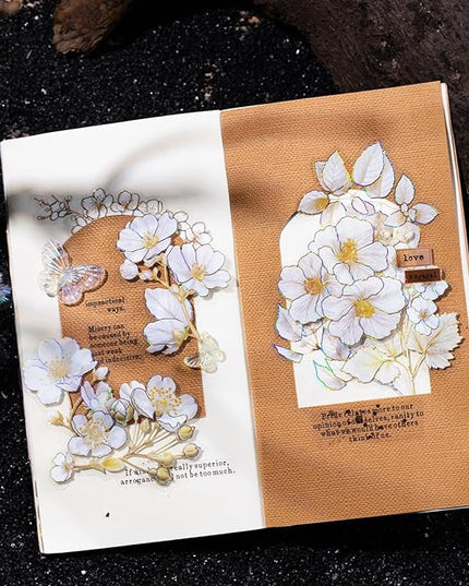 AuriicLeaf Floral PET Stickers – 60 Foil-Stamped Self-Adhesive Flower Designs Waterproof Transparent Stickers for Scrapbooking Journaling DIY Crafts and Decoration