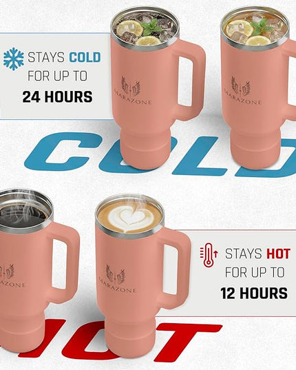 40 oz Insulated Tumbler with Handle and Straw – Double Wall Stainless Steel Vacuum Cup | Car Cup Holder Fit | Hot Cold Travel Mug | BPA Free Reusable Water Bottle Gift for Her (Sunset Pink)